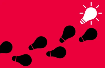 Graphic of light bulbs positioned like footsteps against a red background