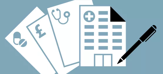 Image of documents representing policy decisions with one that looks like a hospital building