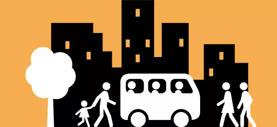 Image of people and vehicle against a cityscape