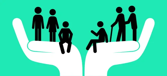 Graphic of two hands holding up older adults