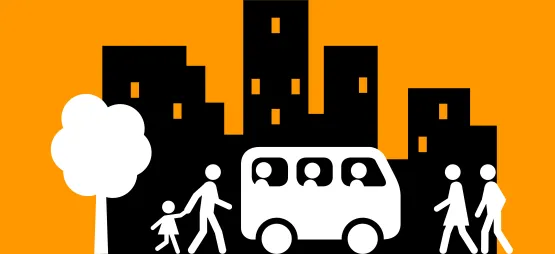 Graphic of a neighbourhood, with a van and people walking